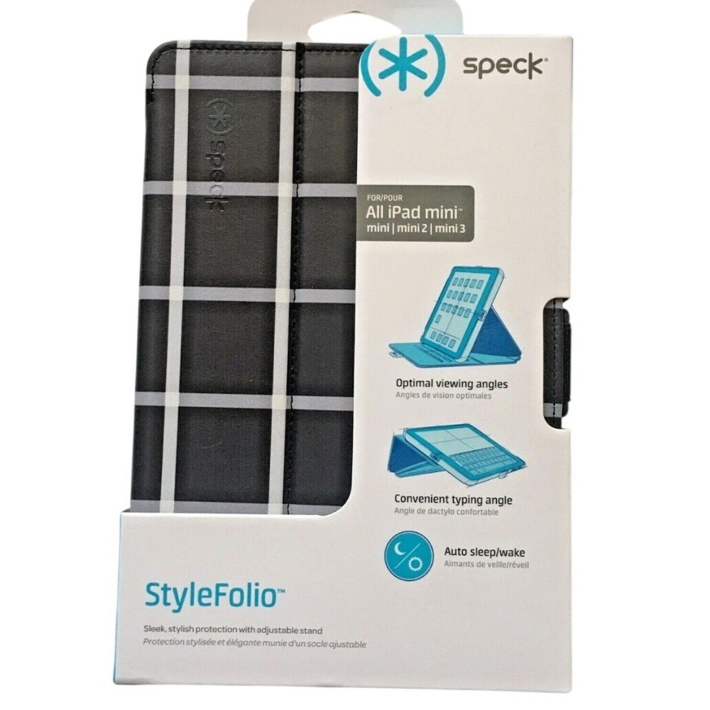 Speck StyleFolio iPad mini 1 2 3 Case Black White Grid Plaid Stand 71981-5214